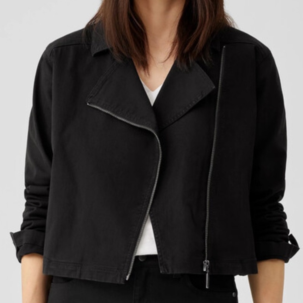 Eileen Fisher Organic Cotton Denim Notch Collar Jacket Washed Vintage Black L